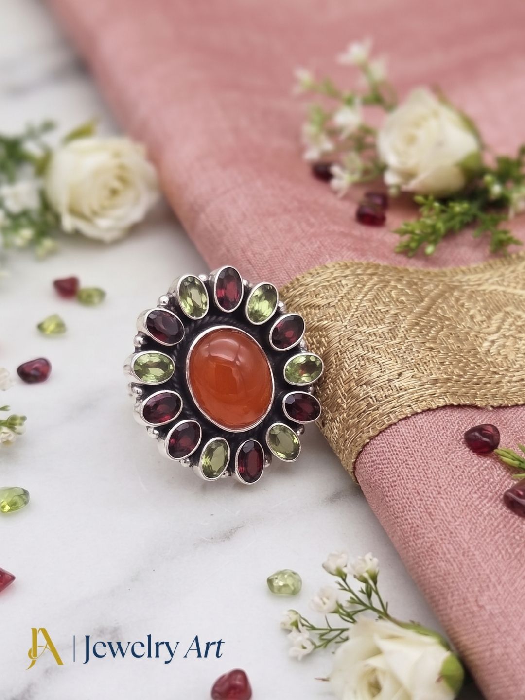 Fine Handcrafted 925 Silver Oxidized Peridot-Garnet-Carnelian Gem Stones Awesome Flower Designer Finger Ring