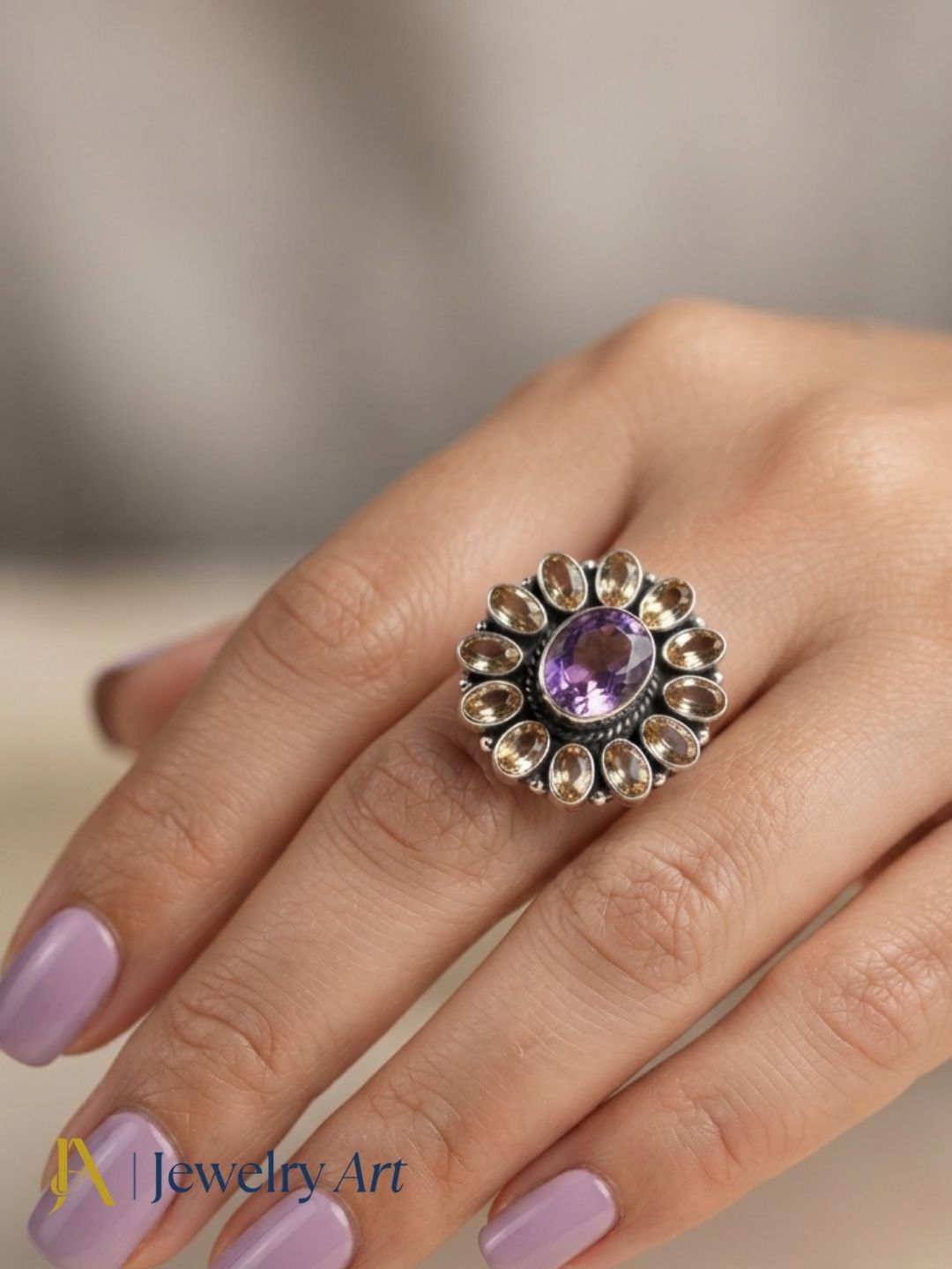 Fashion model wearing elegant 925 silver Citrine Smoky ring