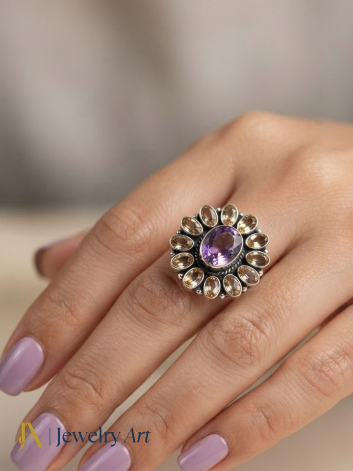 Fashion model wearing elegant 925 silver Citrine Smoky ring
