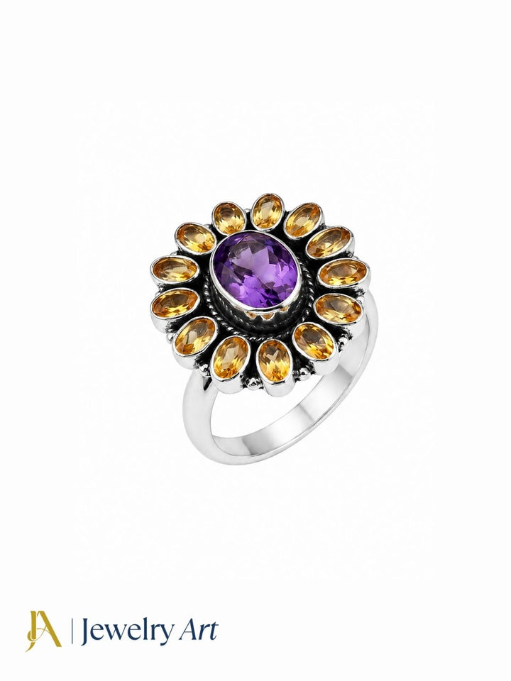 Premium 925 silver Citrine Smoky gemstone flower statement ring