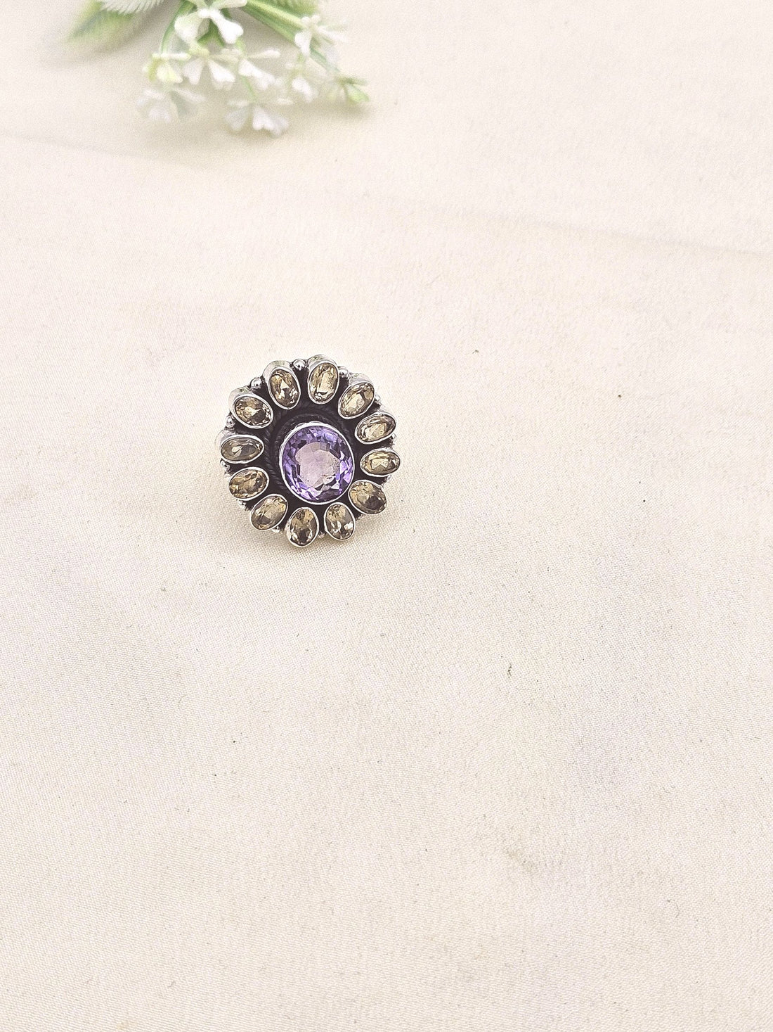 Fine Handcrafted 925 Silver Citrine-Amethyst Gem Stones Awesome Flower Designer Finger Ring