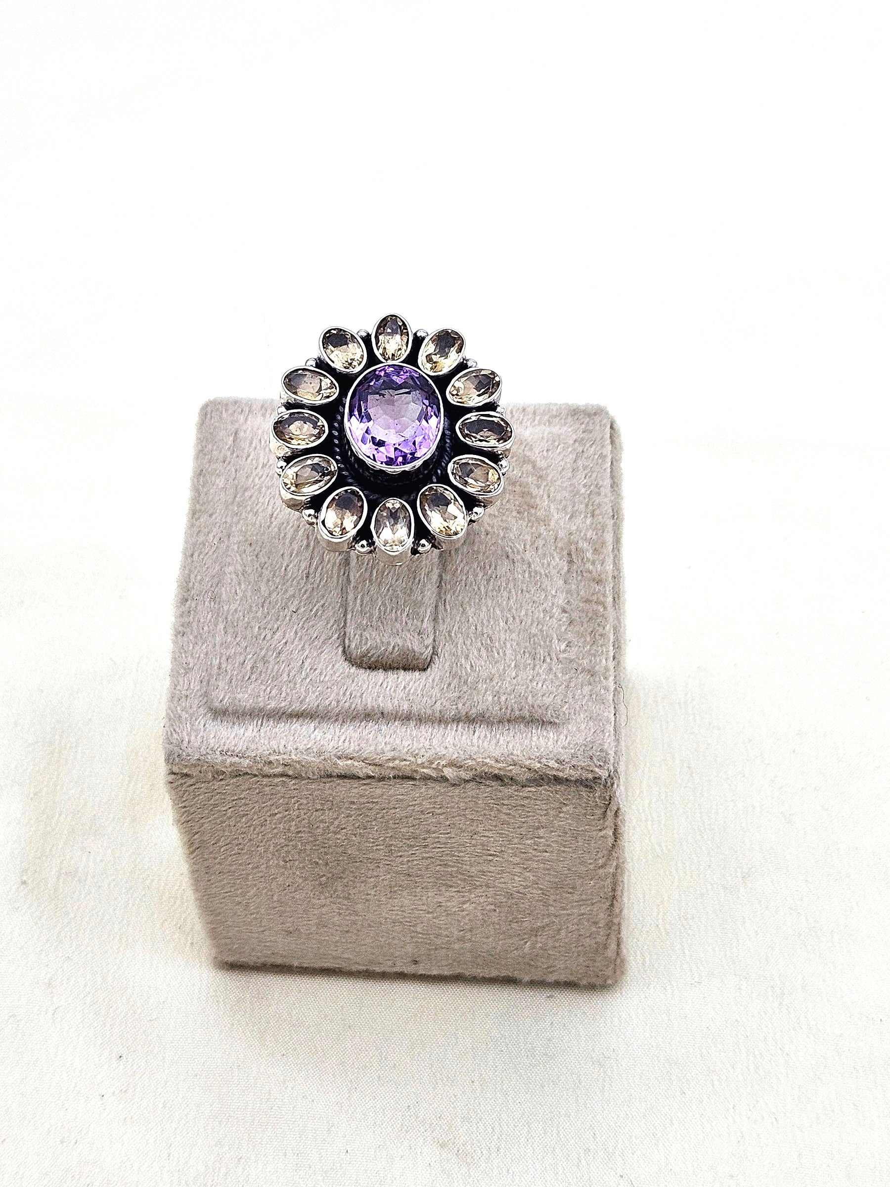 Fine Handcrafted 925 Silver Citrine-Amethyst Gem Stones Awesome Flower Designer Finger Ring