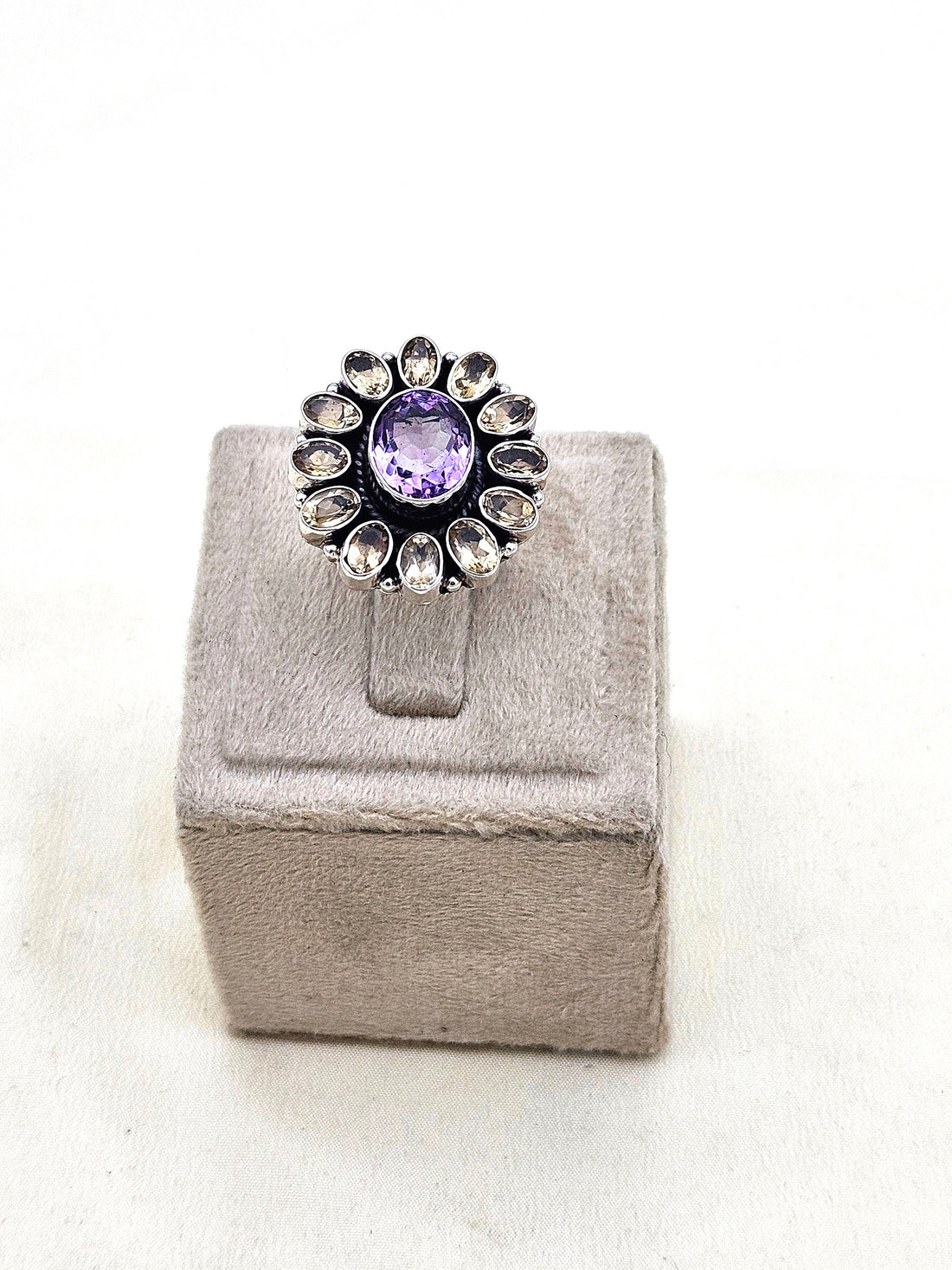 Fine Handcrafted 925 Silver Citrine-Amethyst Gem Stones Awesome Flower Designer Finger Ring