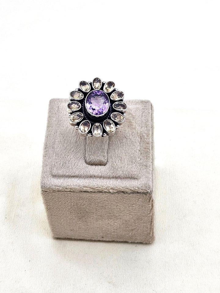 Fine Handcrafted 925 Silver Citrine-Amethyst Gem Stones Awesome Flower Designer Finger Ring