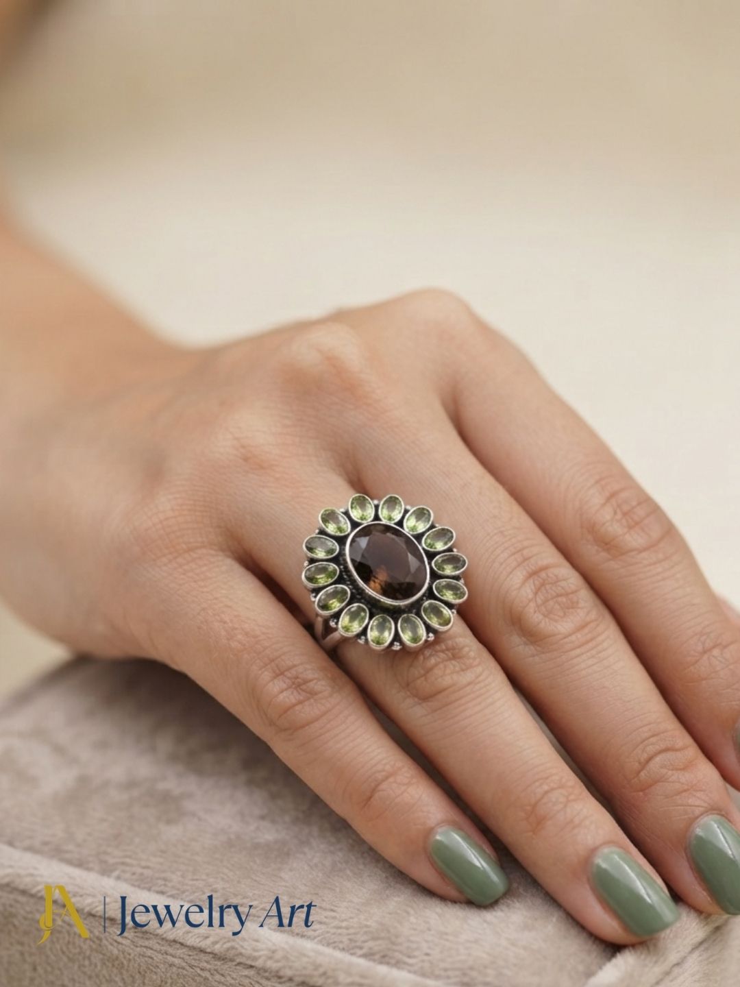 Fashion model wearing elegant 925 silver Peridot Smoky ring