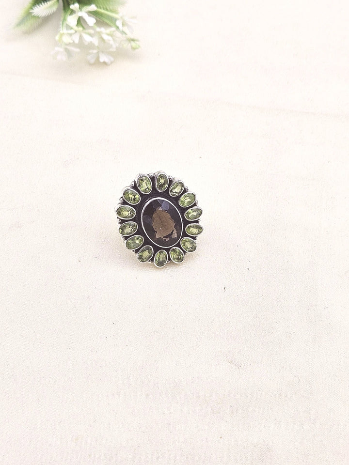 Fine Handcrafted 925 Silver Peridot-Smoky Gem Stones Awesome Flower Designer Finger Ring