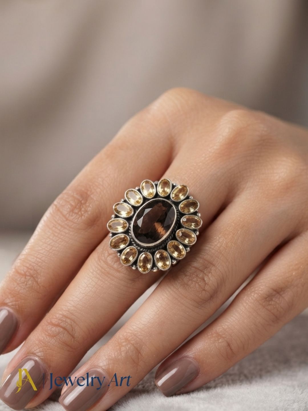 Fashion model wearing elegant 925 silver Citrine Smoky ring
