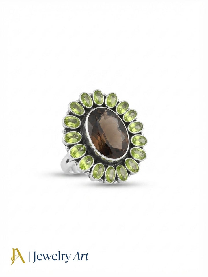 Fine 925 silver floral ring with Peridot and Smoky gemstones