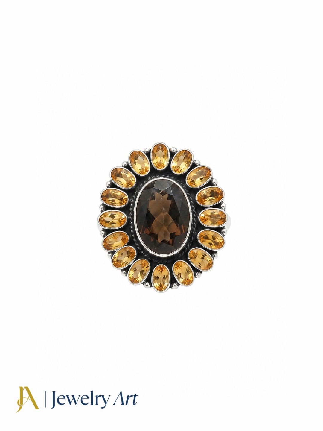 Premium 925 silver Citrine Smoky gemstone flower statement ring