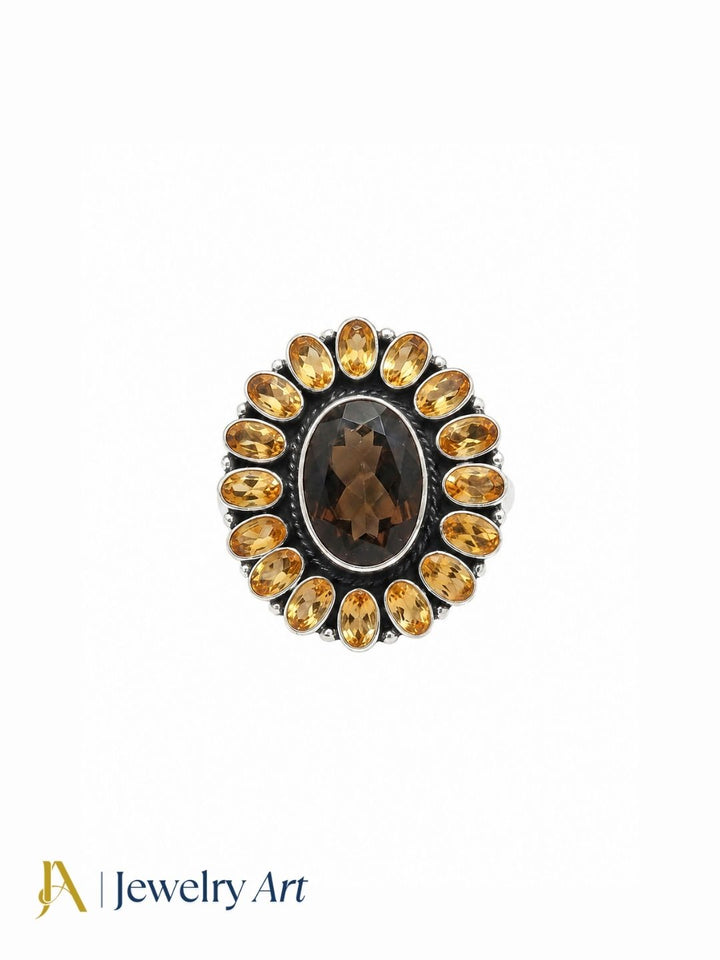 Premium 925 silver Citrine Smoky gemstone flower statement ring