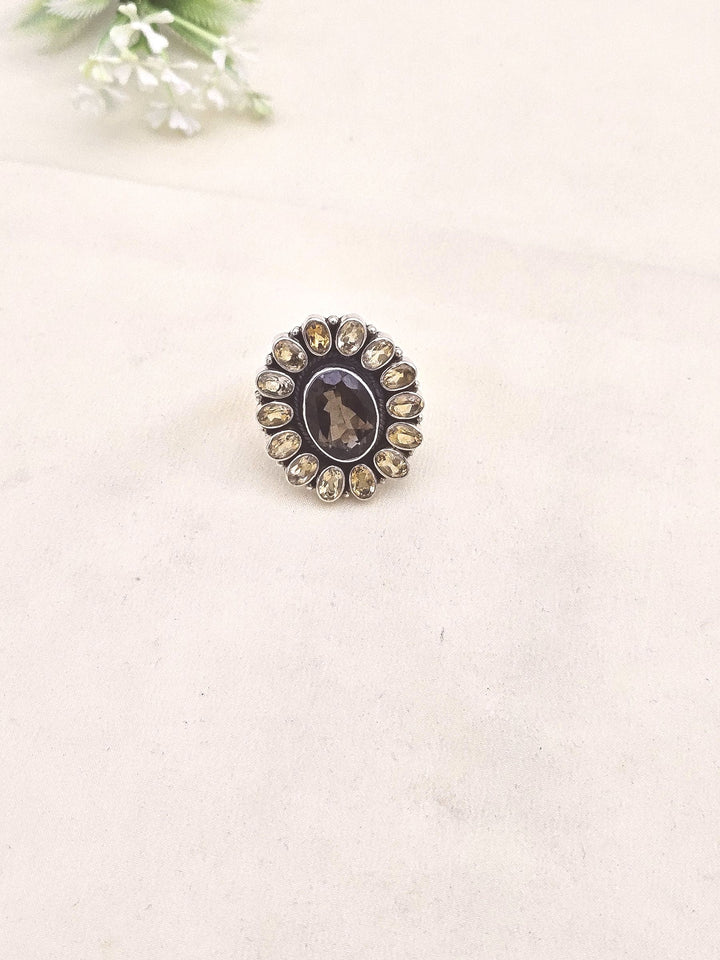Fine Handcrafted 925 Silver Citrine-Smoky Gem Stones Awesome Flower Designer Finger Ring