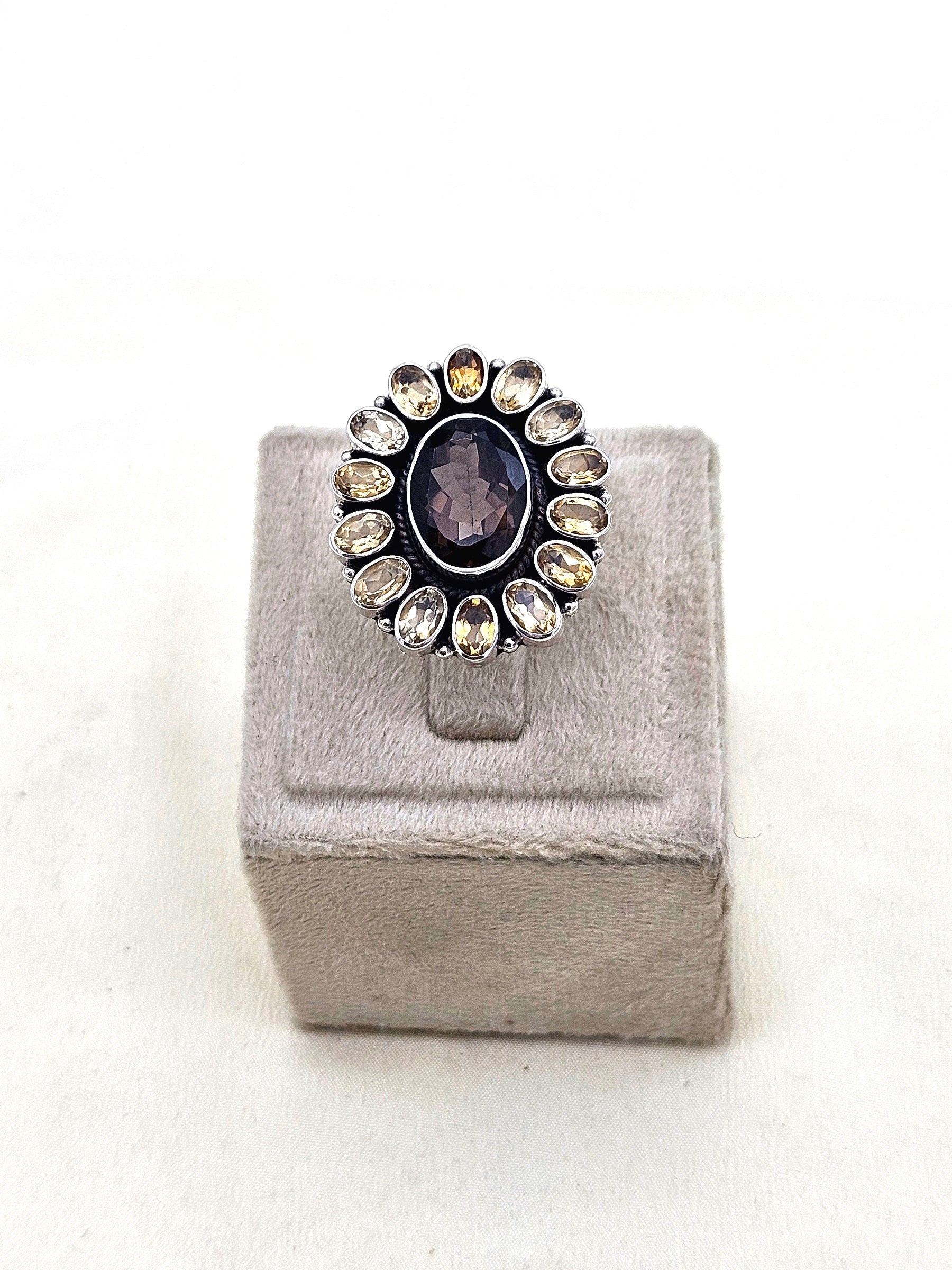 Fine Handcrafted 925 Silver Citrine-Smoky Gem Stones Awesome Flower Designer Finger Ring