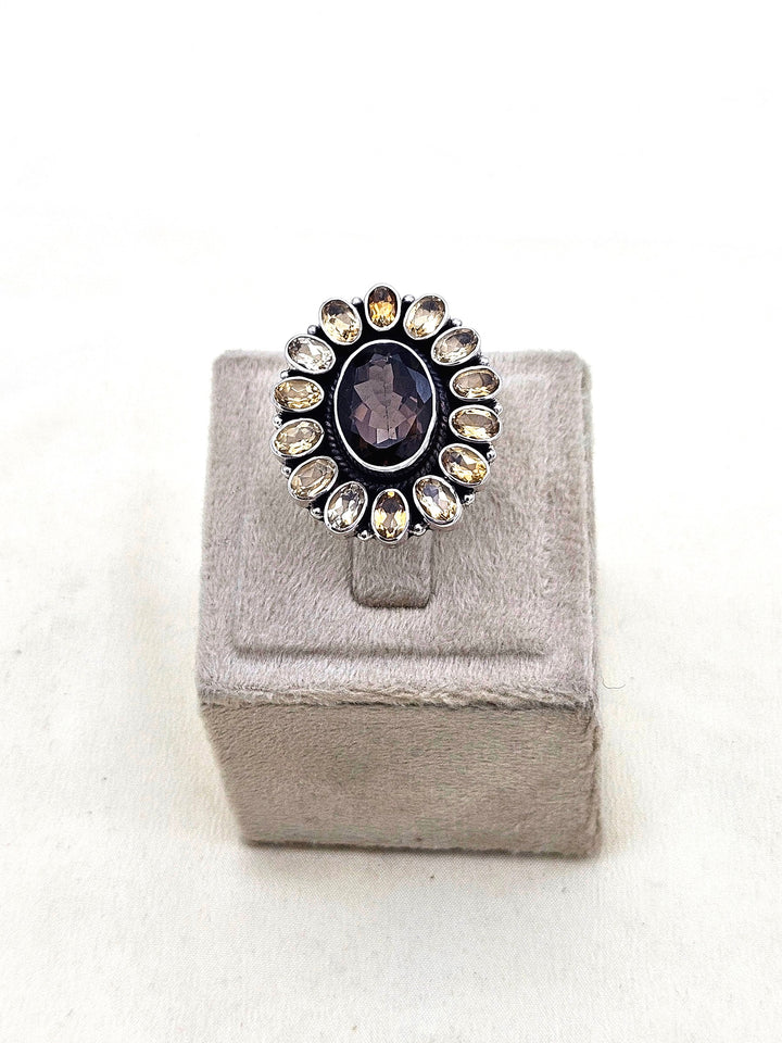 Fine Handcrafted 925 Silver Citrine-Smoky Gem Stones Awesome Flower Designer Finger Ring