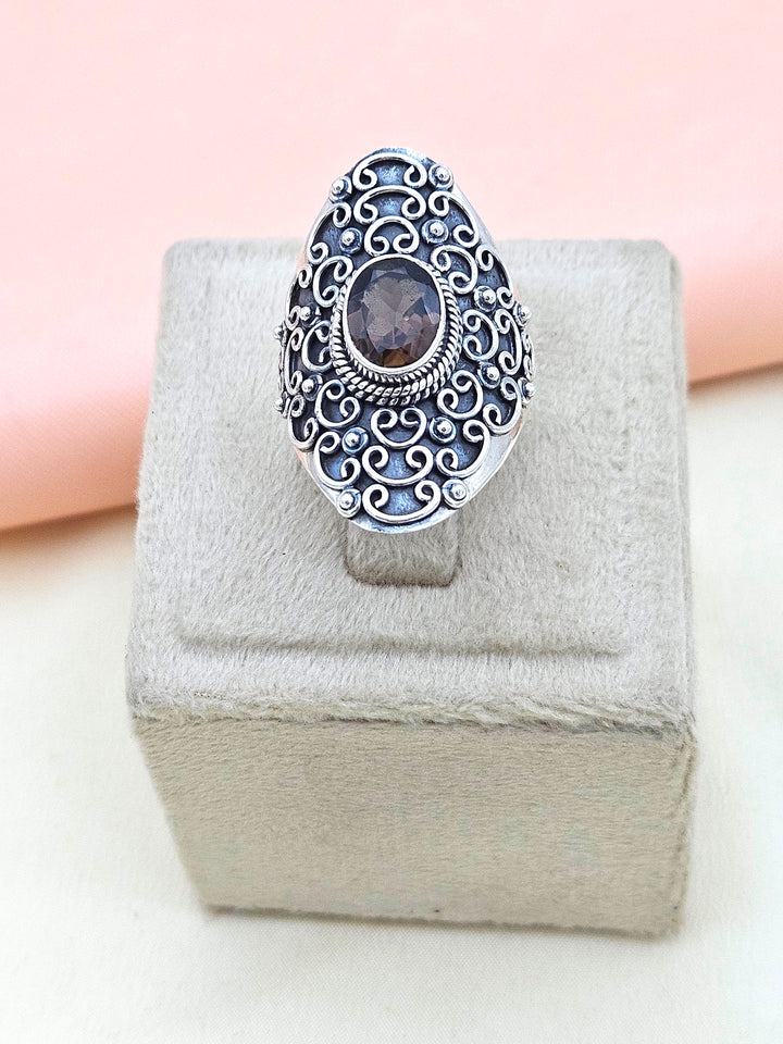 Fine Handcrafted 925 Silver Oxidized Smoky Gem Stones Awesome Designer Finger Ring