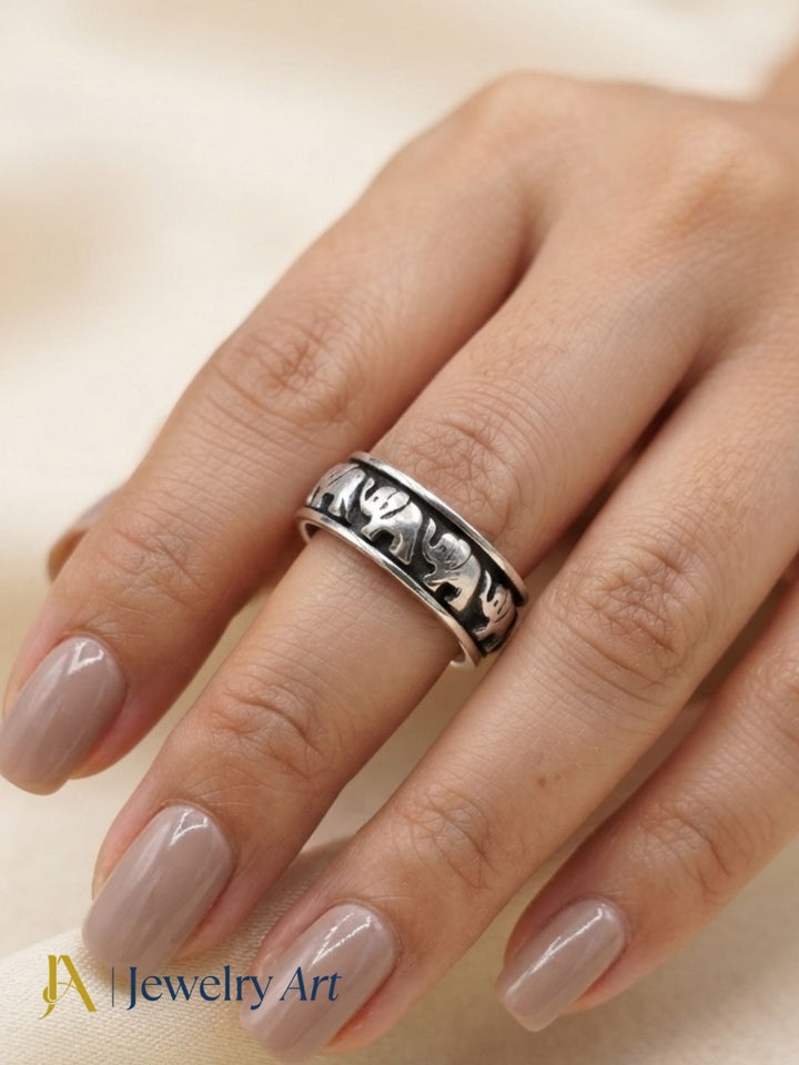 Fine Handcrafted 925 Silver Oxidized Elephant Designer Moving Challa Finger Ring