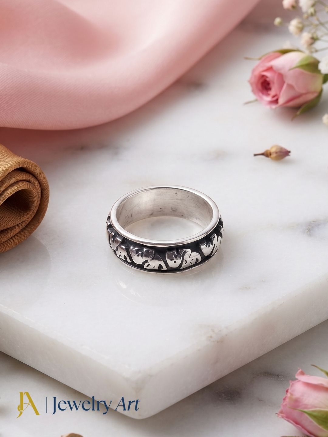 Fine Handcrafted 925 Silver Oxidized Elephant Designer Moving Challa Finger Ring
