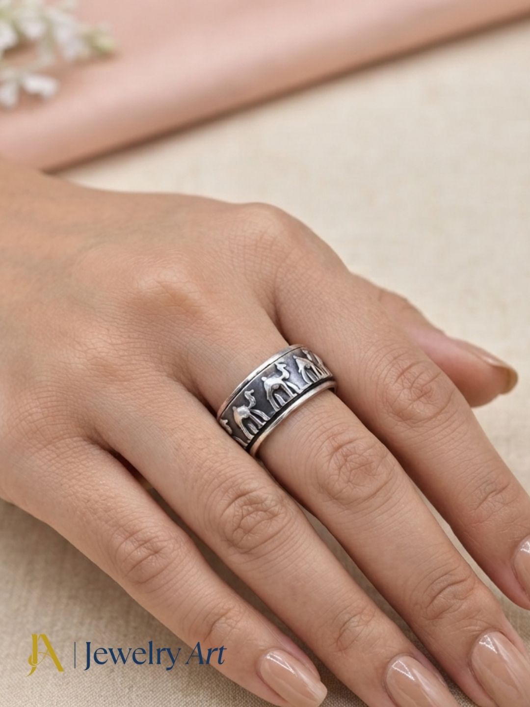 Fine Handcrafted 925 Silver Oxidized Camel Designer Moving Challa Finger Ring