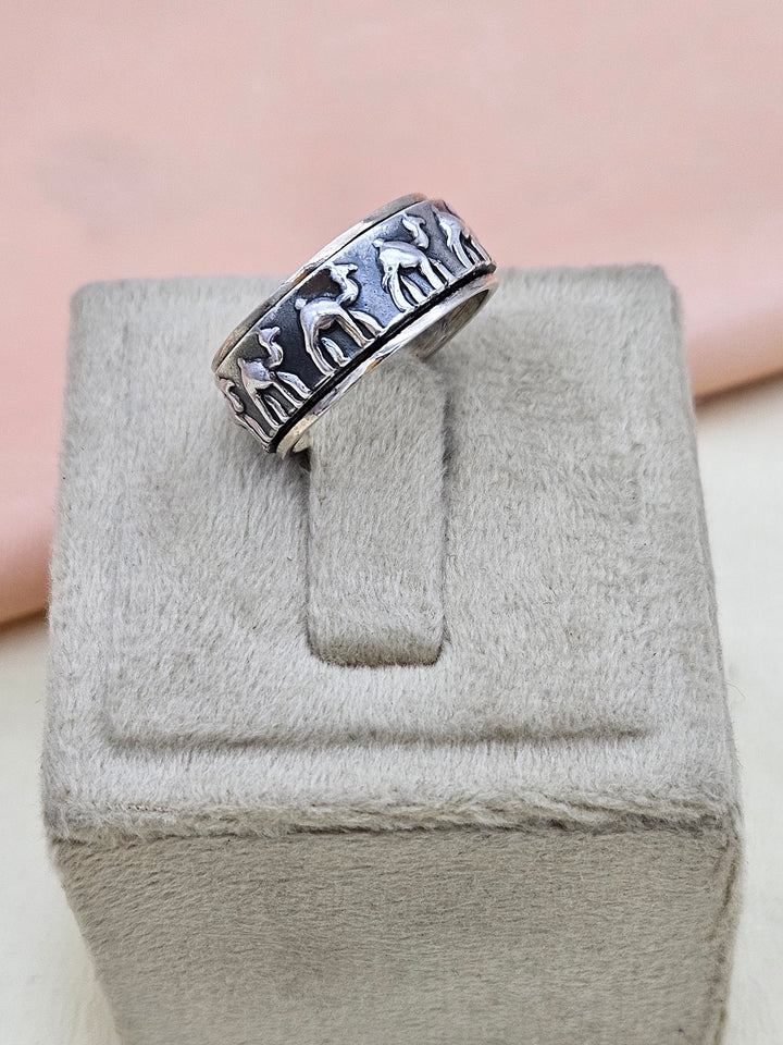Fine Handcrafted 925 Silver OxidizedCamel Designer Moving Challa Finger Ring