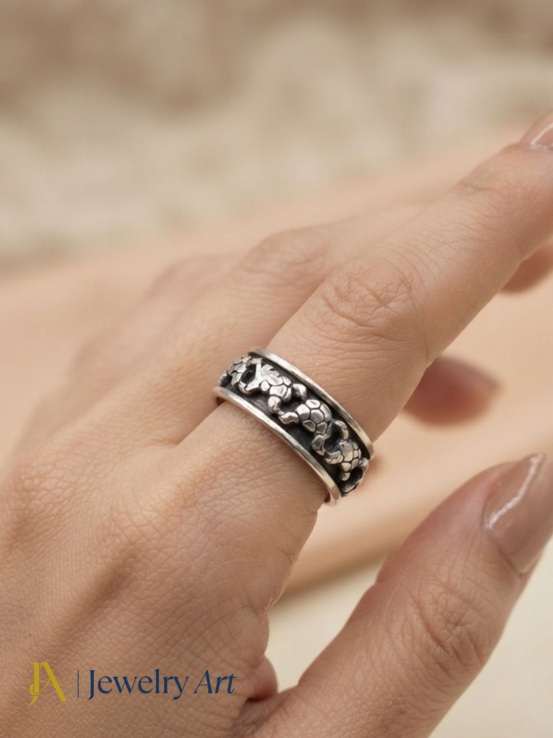 Fine Handcrafted 925 Silver Oxidized Tortoise Designer Moving Challa Finger Ring
