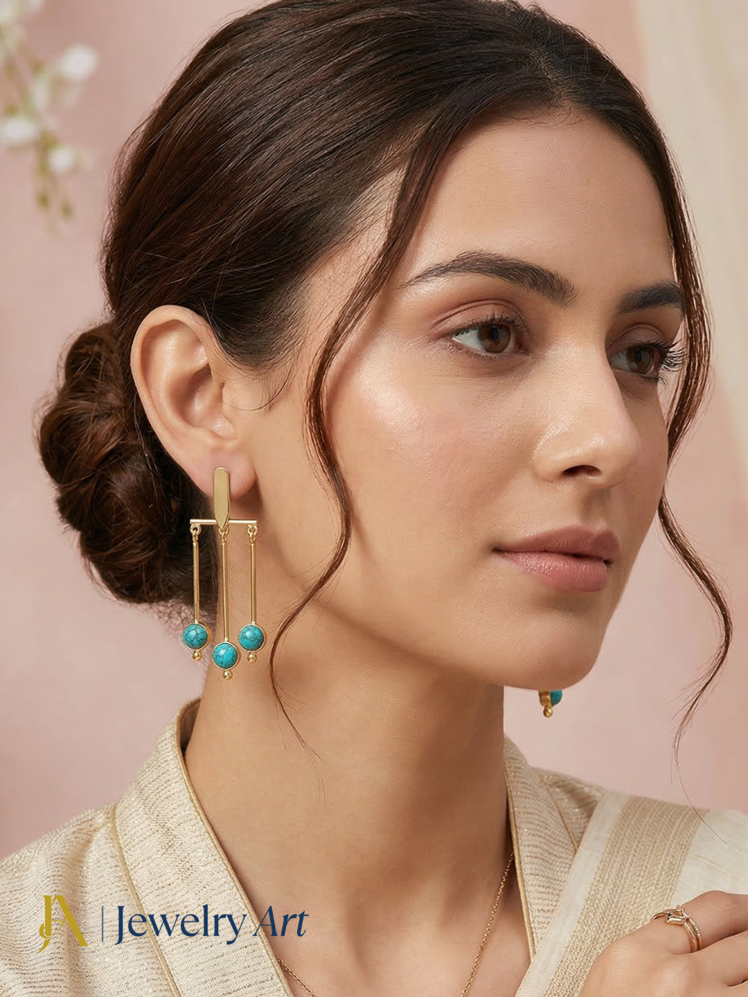 Trendy gold plated dangle earrings with turquiose color sythentic stone fashion jewelry
