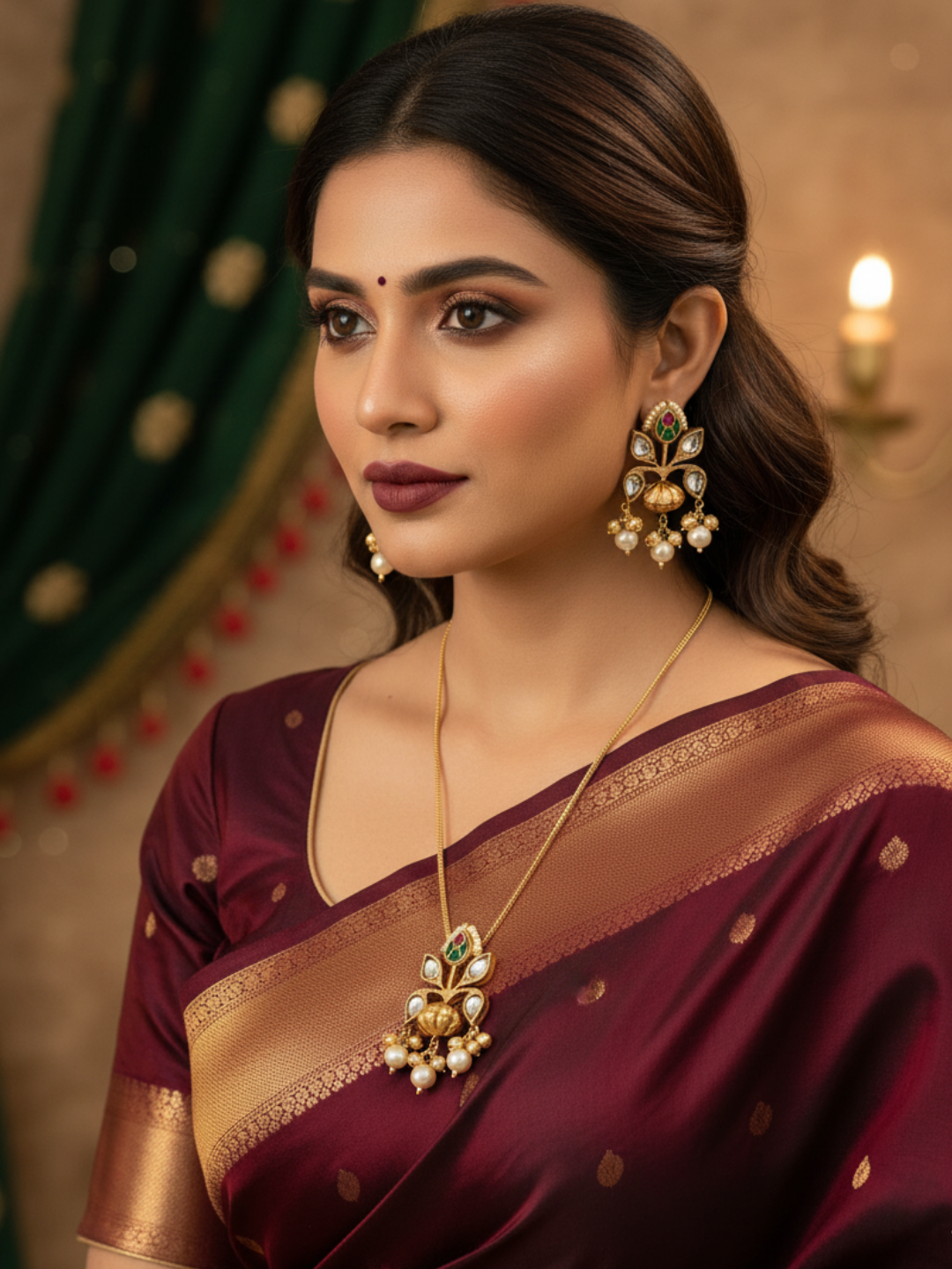 Awesome Antique Gold Kundan-Polky Long Chain-Pendant Necklace-Earring Set