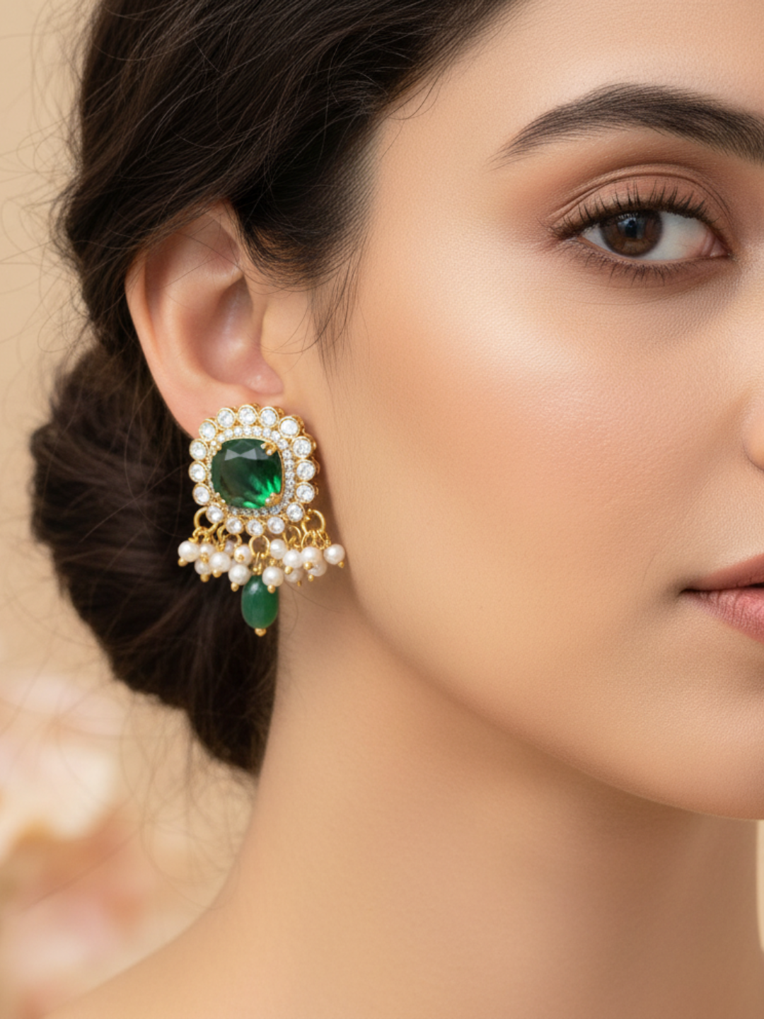 Charming AD-Dark Green Hydro Quartz-Jade Beads- Pearl Light Weight Gift for Her Stud Earring